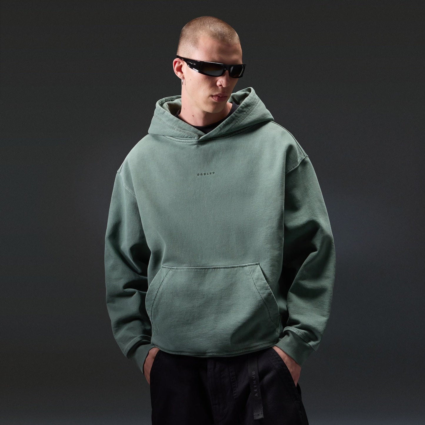 Oakley Echo Mod Embroidered Hoodie in Aviator Green, men's green hoodie on model, view 4