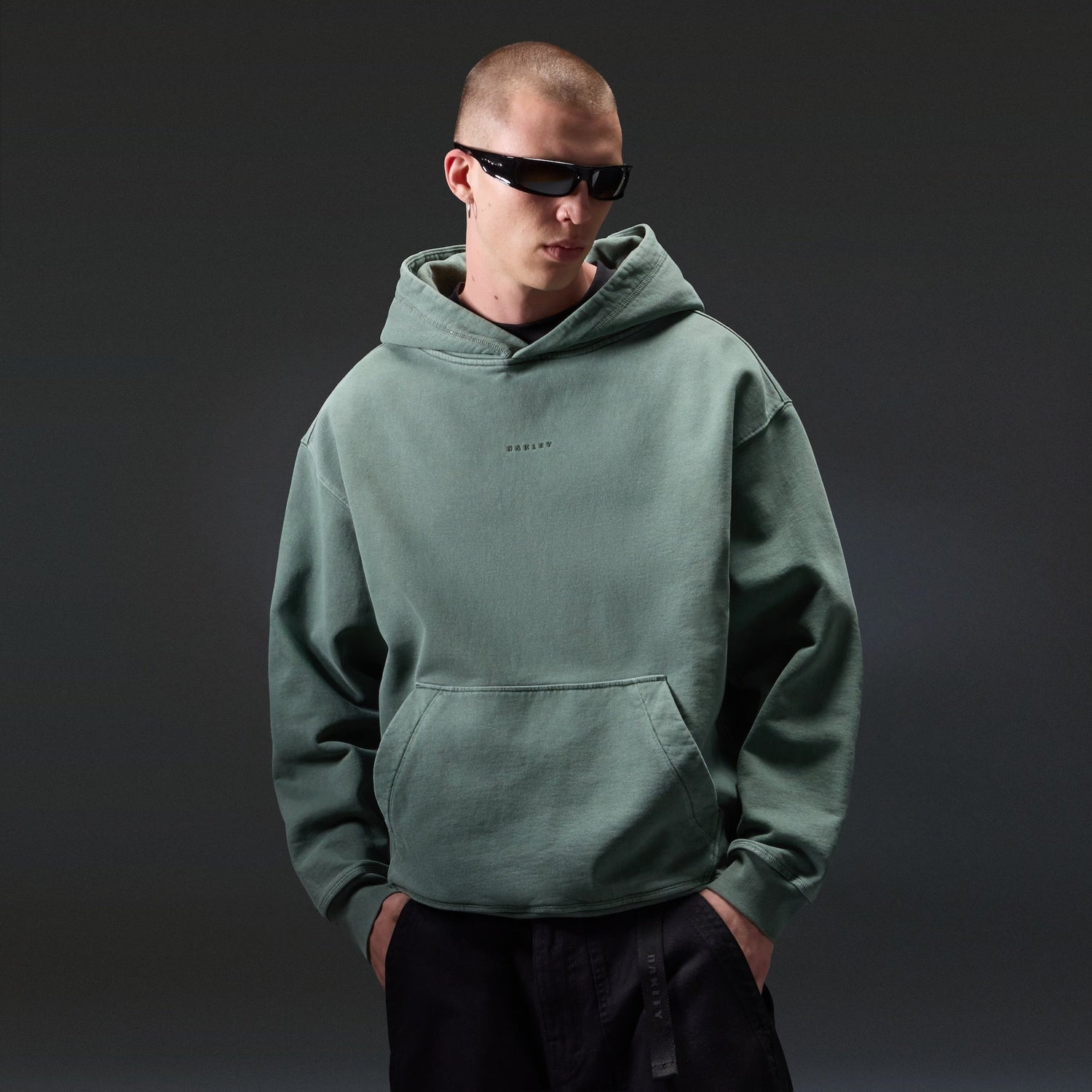 Oakley Echo Mod Embroidered Hoodie in Aviator Green, men's green hoodie on model, view 4