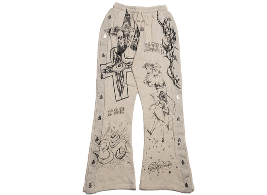 Hellstar Graffitti Mirror Face Sweatpants in Grey, men's cotton sweatpants with graphic