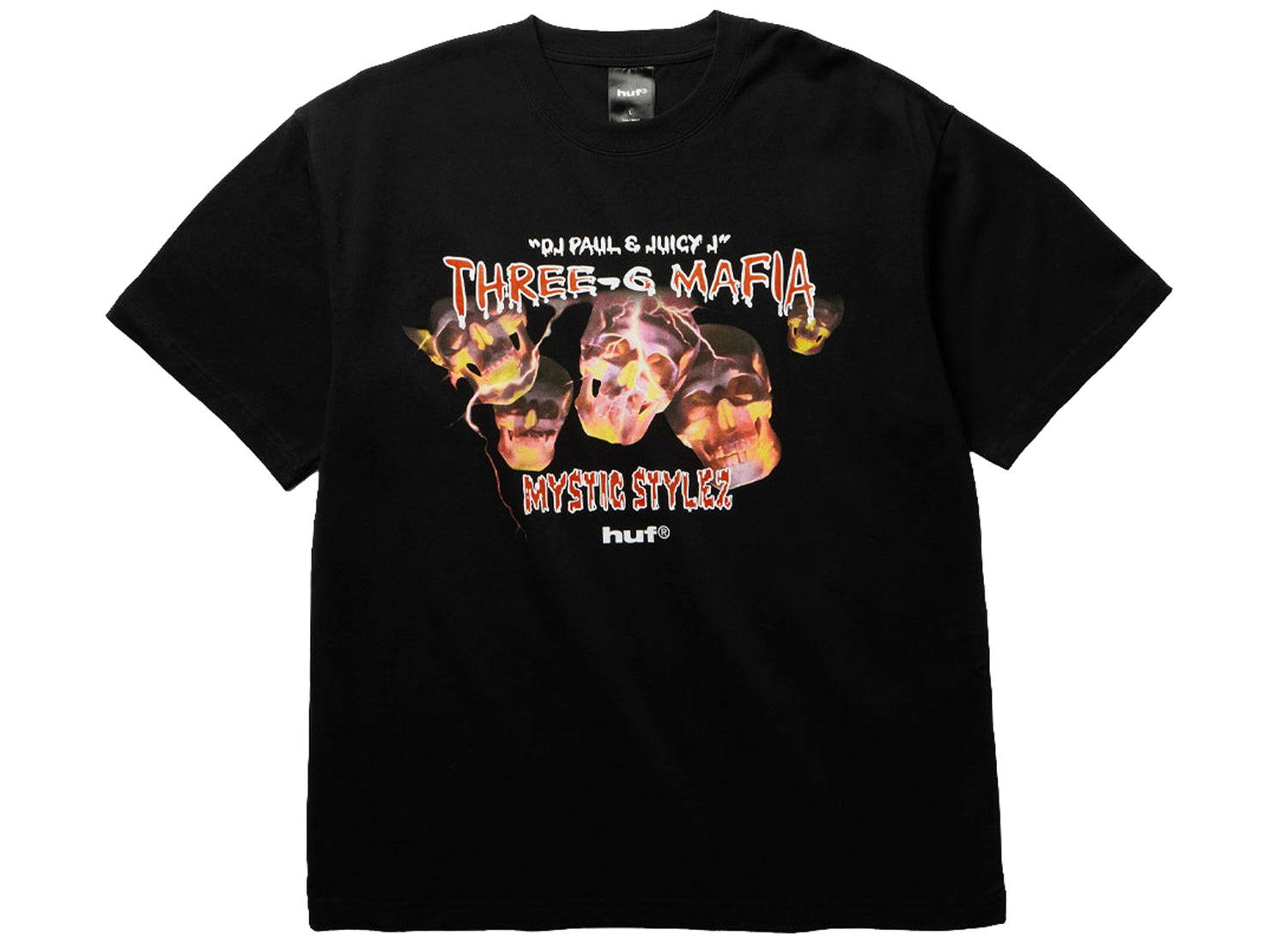 HUF x Three 6 Mafia Mystic Styles SS Tee in Black, front view