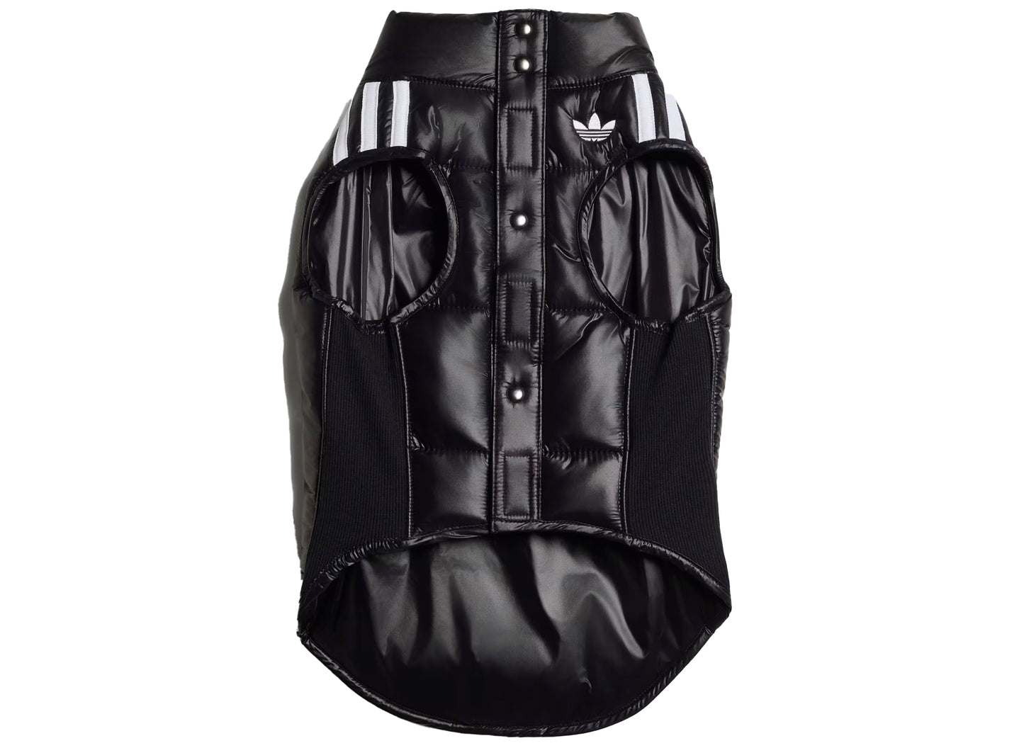 adidas Pet Padded Vest in Black / White, button closure view