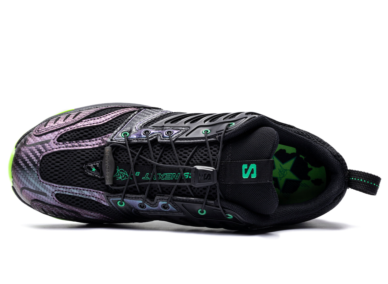 Salomon x Feid ACS NEXXT The Green Star in Black / Bright Green / Green Gecko, top view