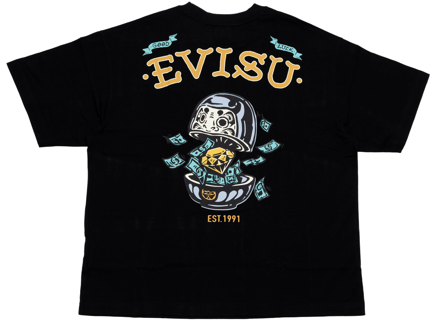Evisu Diamond Daruma Print Loose Fit T-Shirt in Black