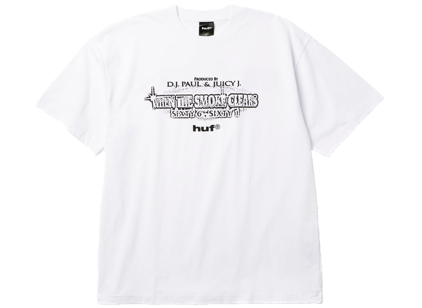 HUF x Three 6 Mafia Smoke Clears SS Tee in White, front view