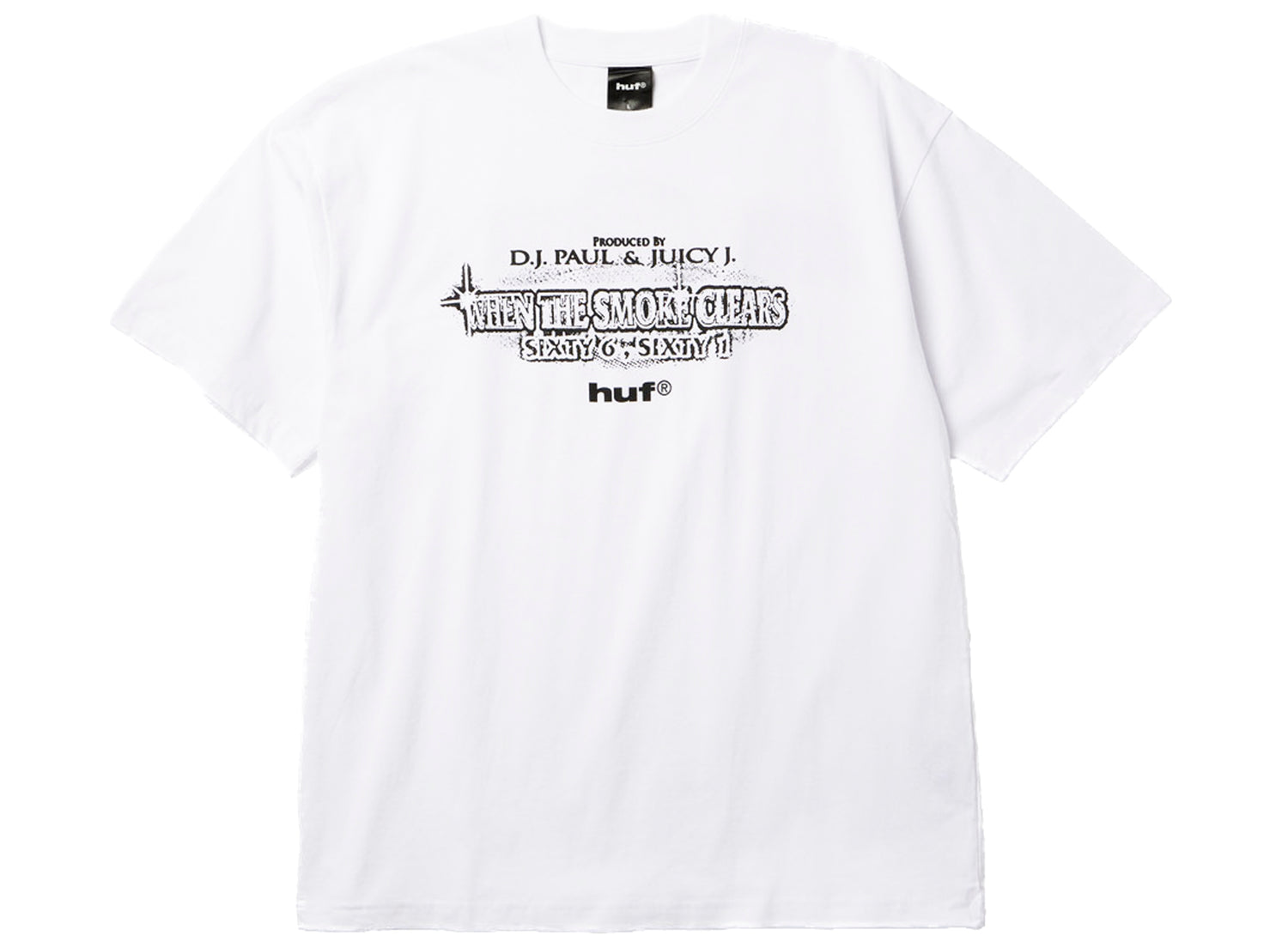 HUF x Three 6 Mafia Smoke Clears SS Tee in White, front view