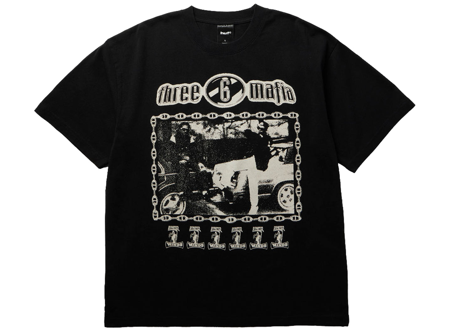 HUF x Three 6 Mafia Most Known Unknown SS Tee in Washed Black, front view
