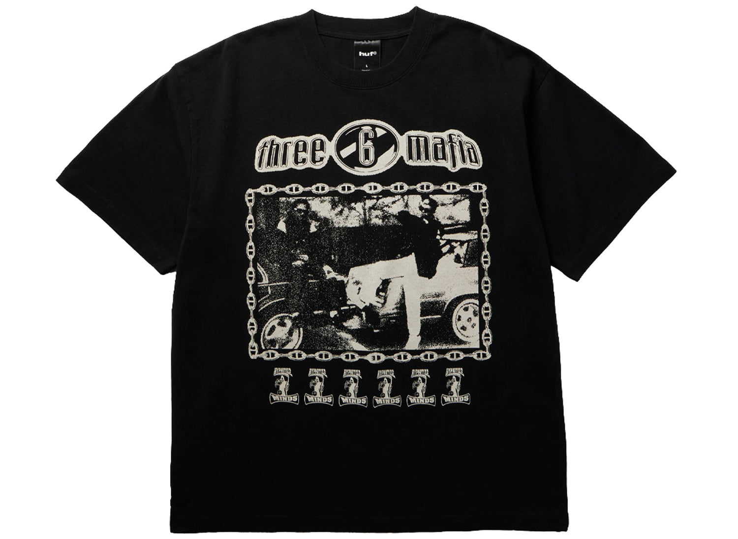 HUF x Three 6 Mafia Most Known Unknown SS Tee in Washed Black, front view