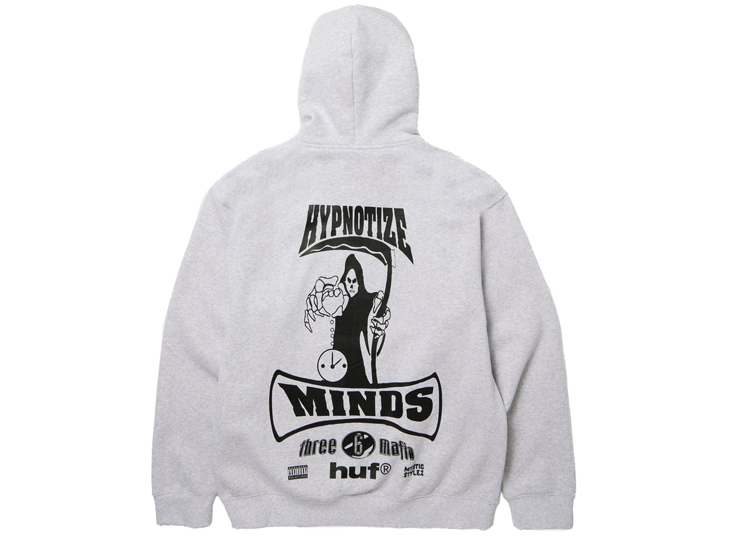 HUF x Three 6 Mafia Memphis PO Hoodie in Heather Grey, back view
