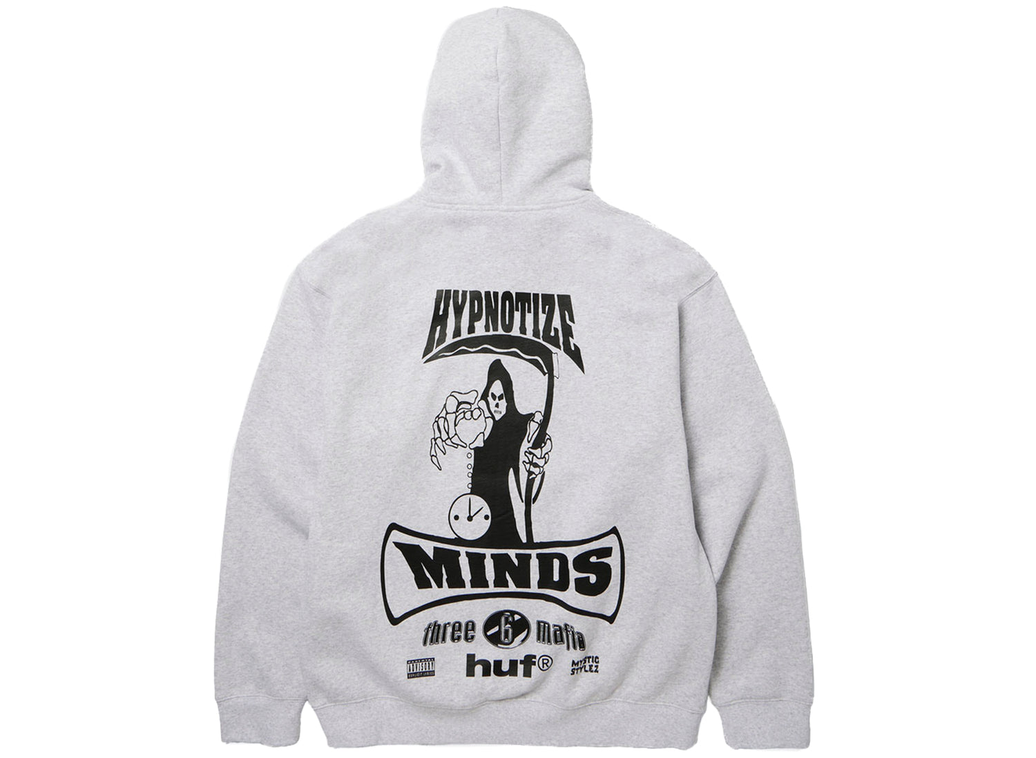 HUF x Three 6 Mafia Memphis PO Hoodie in Heather Grey, back view