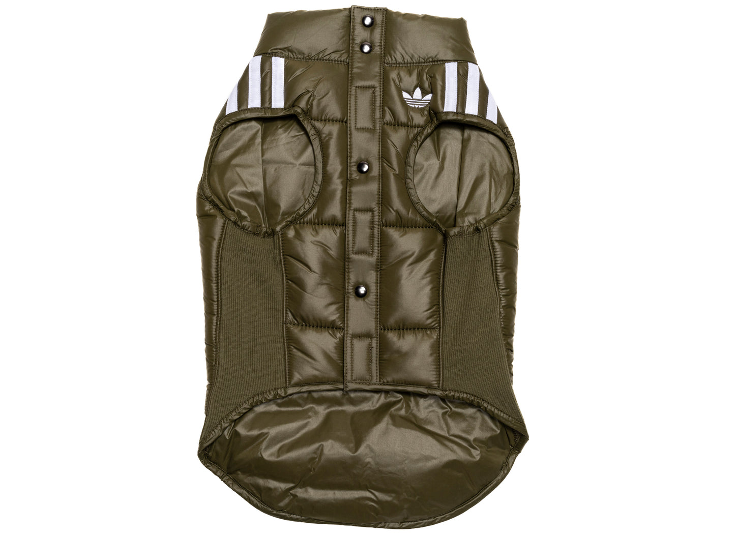 adidas Pet Padded Vest in Focus Olive / White, button closure view