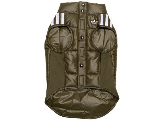 adidas Pet Padded Vest in Focus Olive / White, button closure view