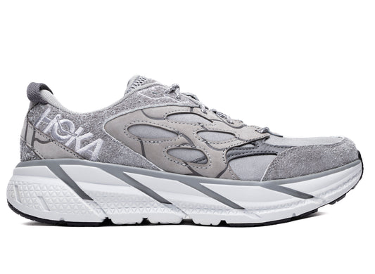 Hoka Elite Terrain System Clifton L Suede unisex en color "Galactic Grey"