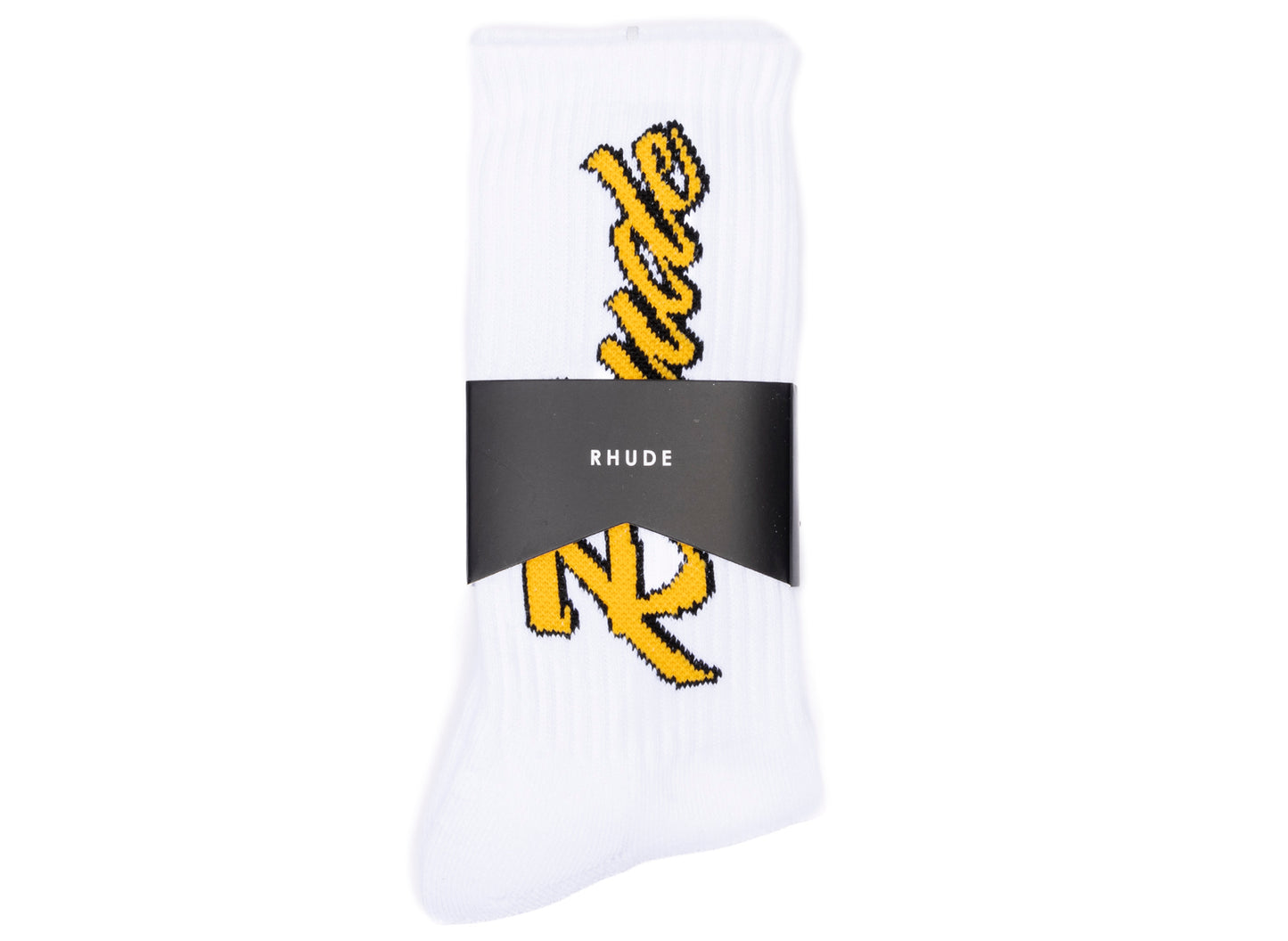 Rhude Legends Script Sock in White / Yellow / Black