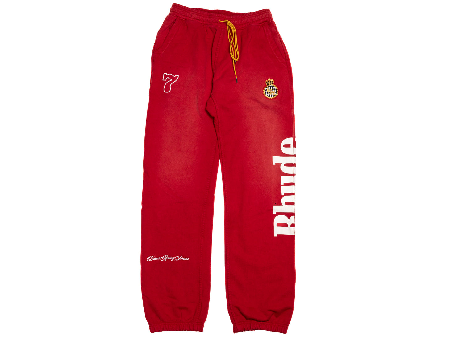 Rhude Desert Racing Script Cuffed Sweatpant in Washed Red / White, front view