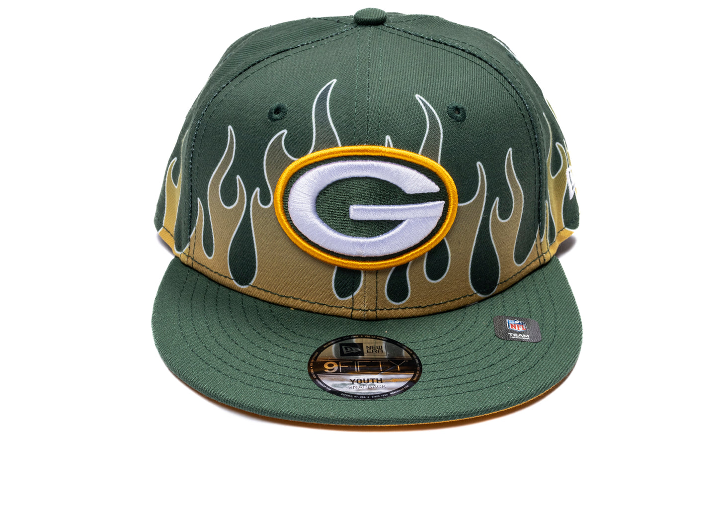 New Era Flames Green Bay Packers 9Fifty Hat in team colors, kids' snapback cap