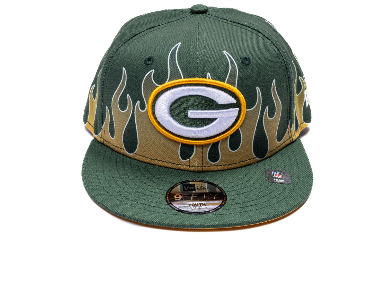 New Era Flames Green Bay Packers 9Fifty Hat in team colors, kids' snapback cap