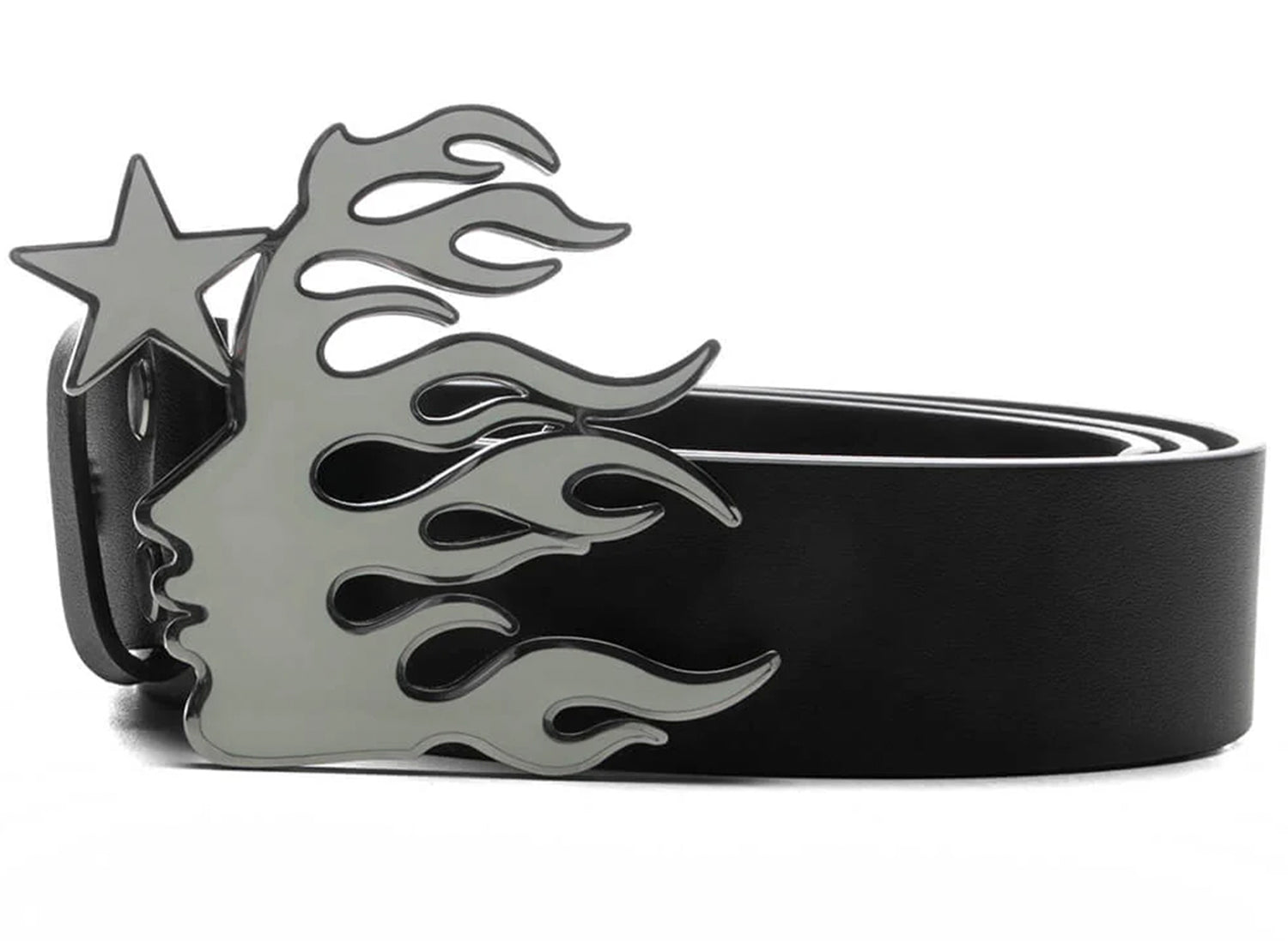 Hellstar Flame Girl Logo Belt in Black, men's leather belt with metal logo buckle