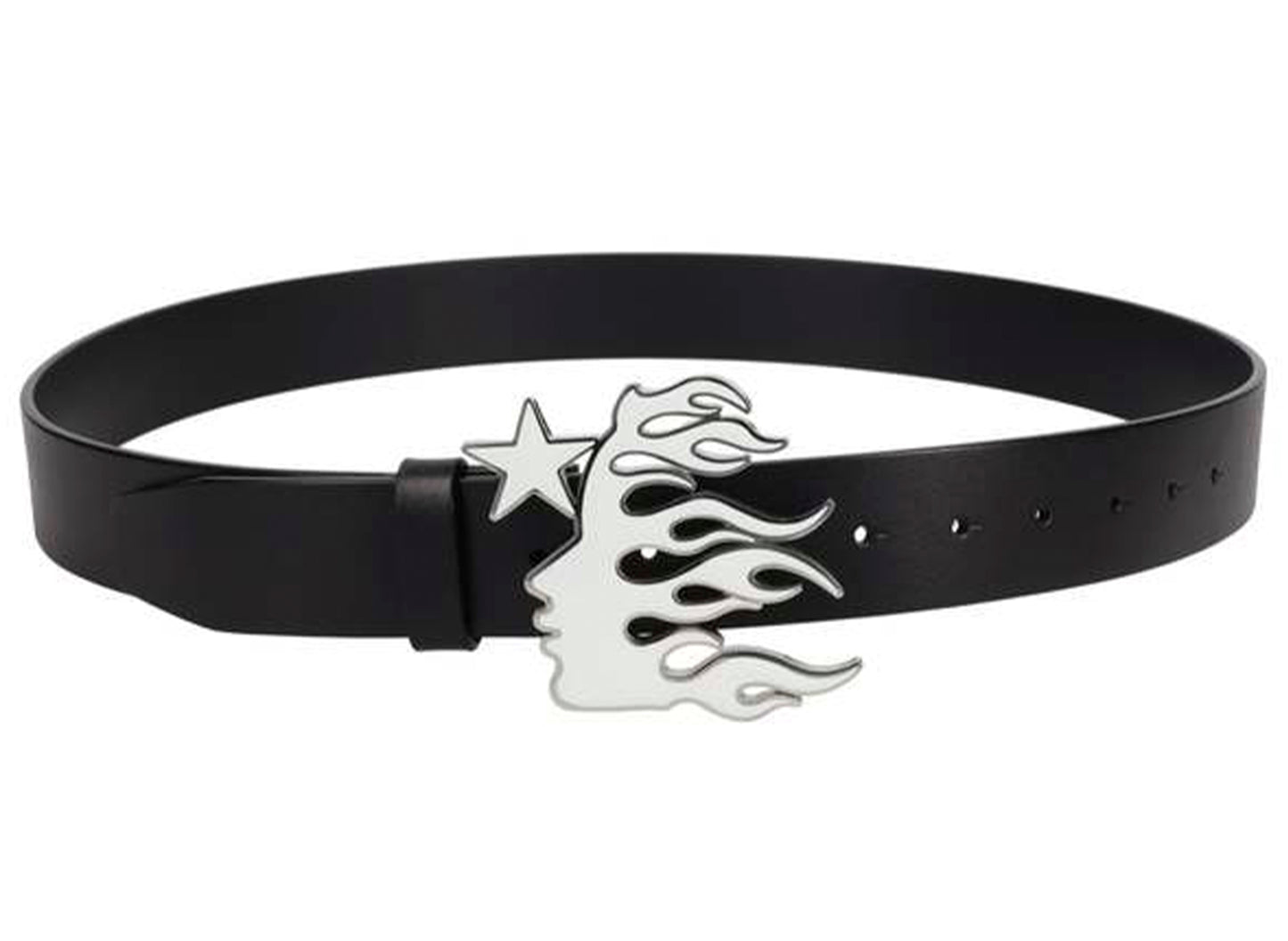 Hellstar Flame Girl Logo Belt in Black, men's leather belt with metal logo buckle, view 2