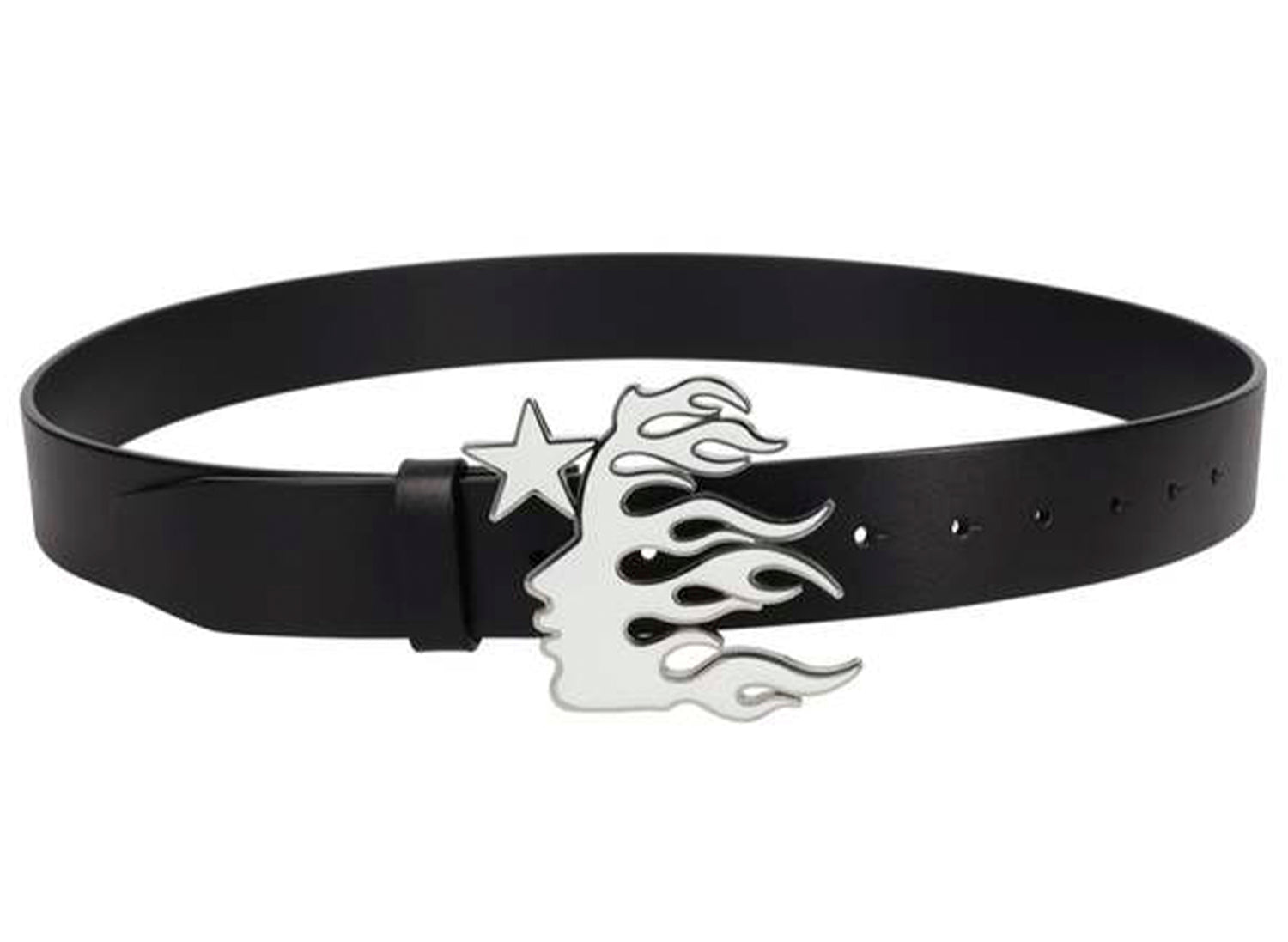 Hellstar Flame Girl Logo Belt in Black, men's leather belt with metal logo buckle, view 2