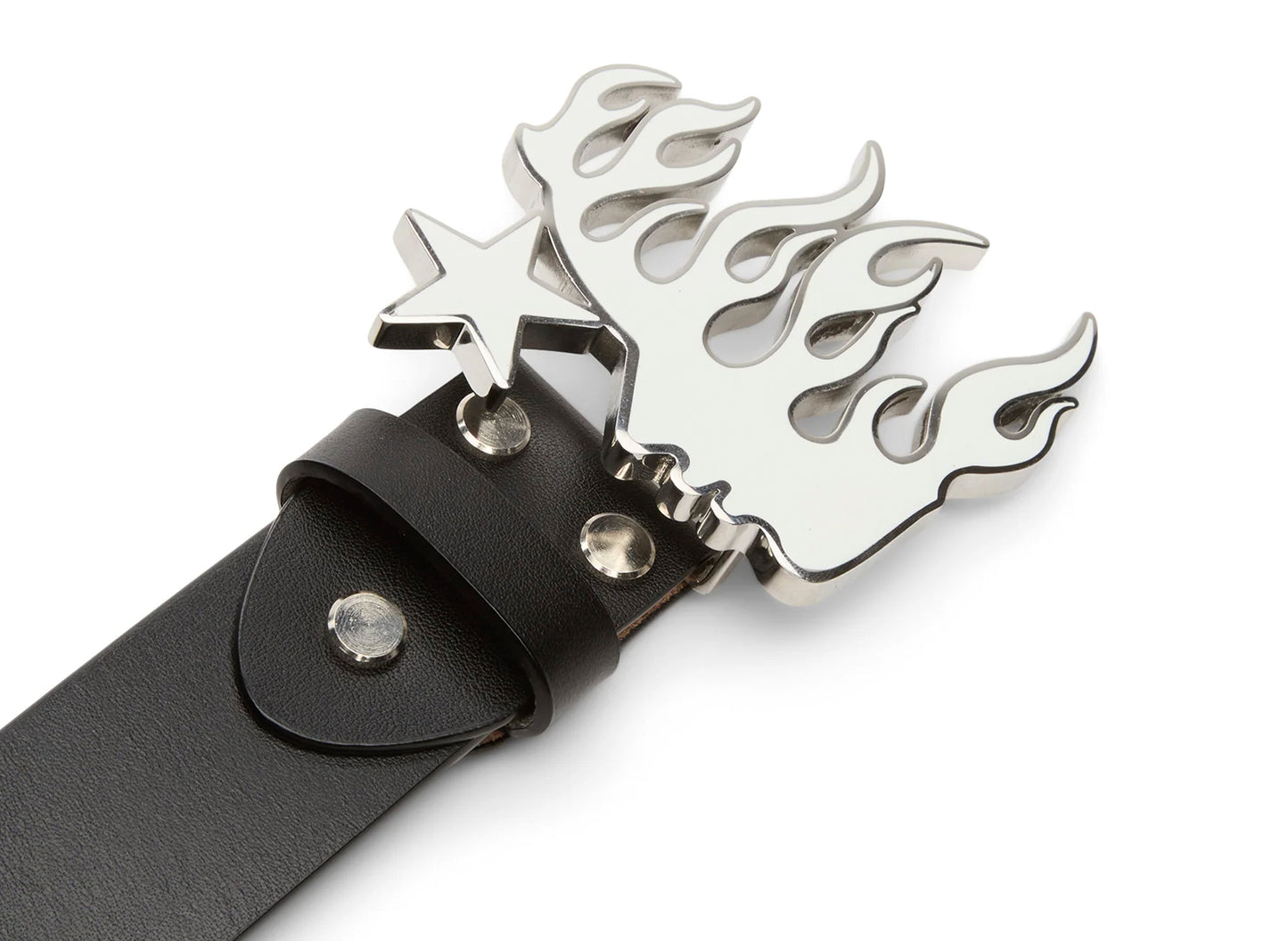Hellstar Flame Girl Logo Belt in Black, men's leather belt with metal logo buckle, view 3