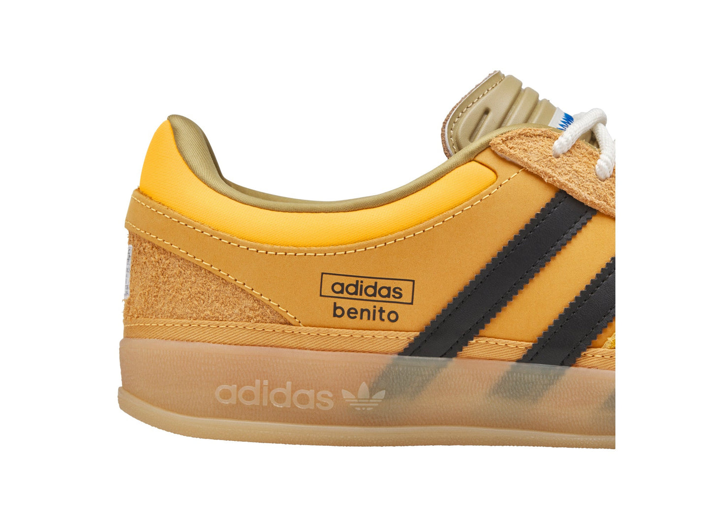 adidas x Bad Bunny Gazelle Indoor in Solar Gold / Core Black / Gum, branding detail view