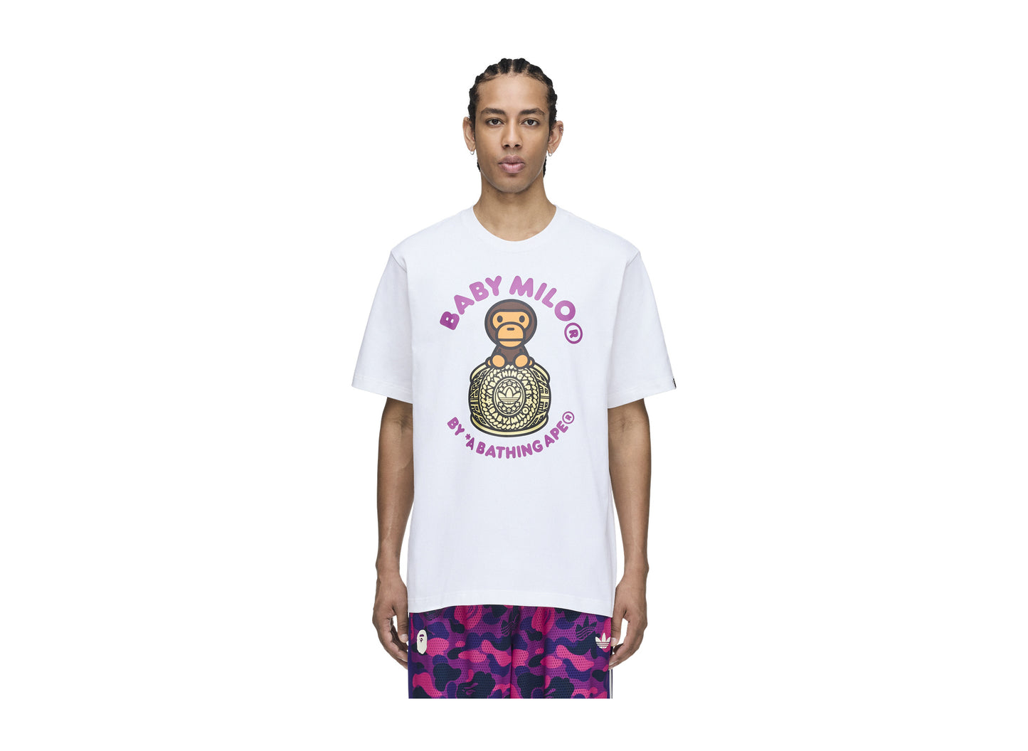 Adidas x BAPE Baby Milo Tee in White — on model front
