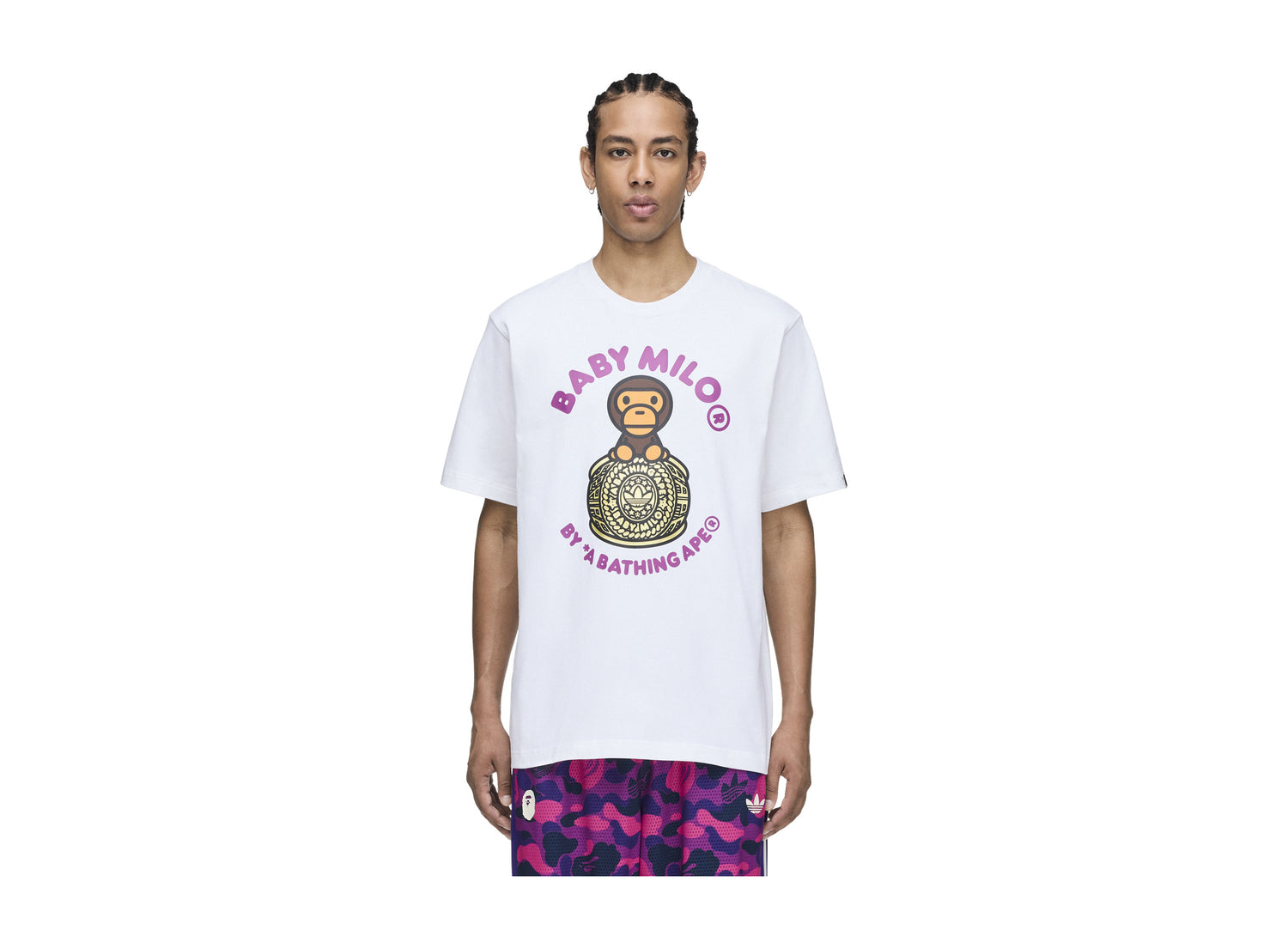 Adidas x BAPE Baby Milo Tee in White — on model front