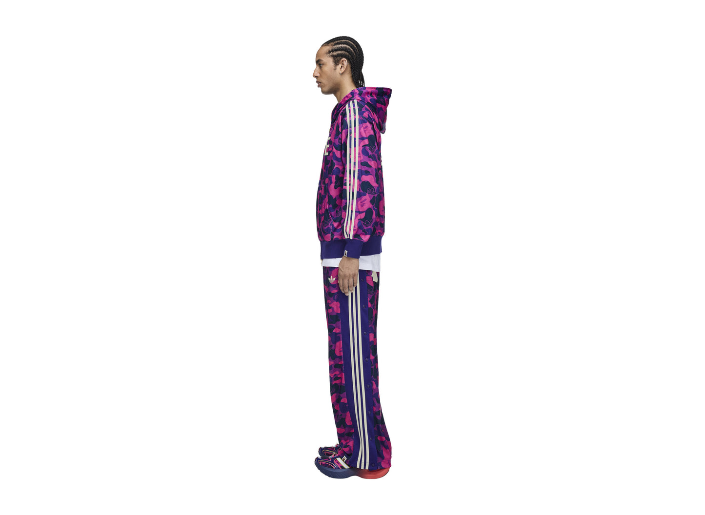 Adidas x BAPE Reversible Adibreak Pants in Collegiate Purple — on model side view