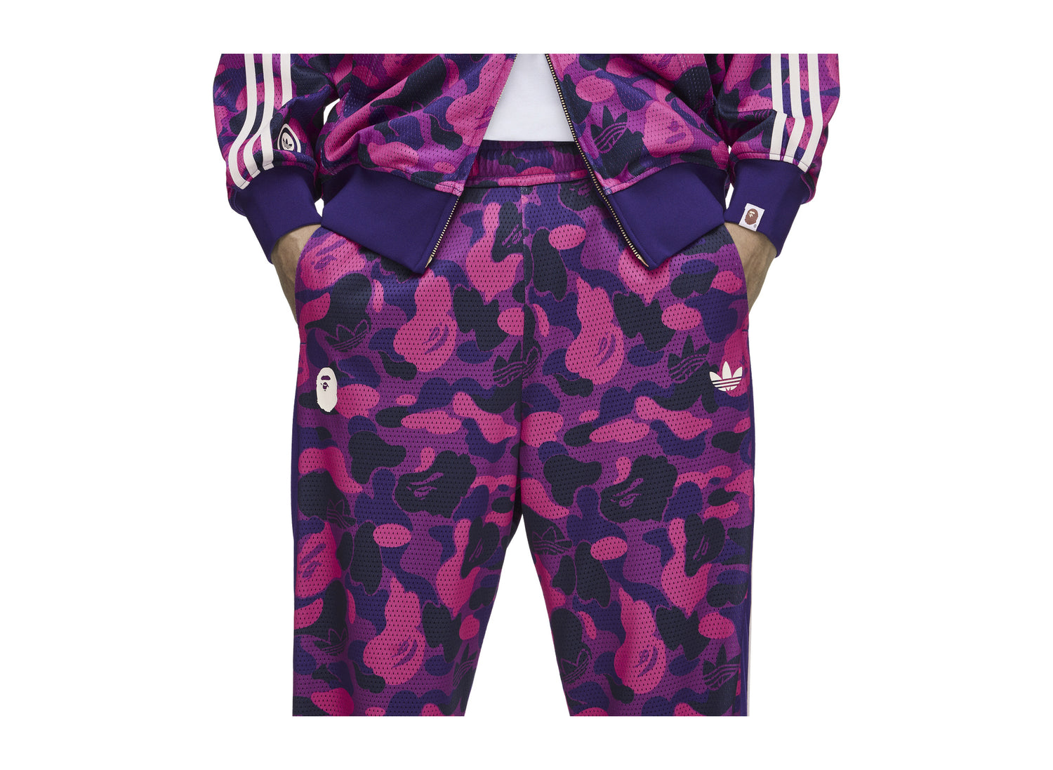 Adidas x BAPE Reversible Adibreak Pants in Collegiate Purple — waist detail view