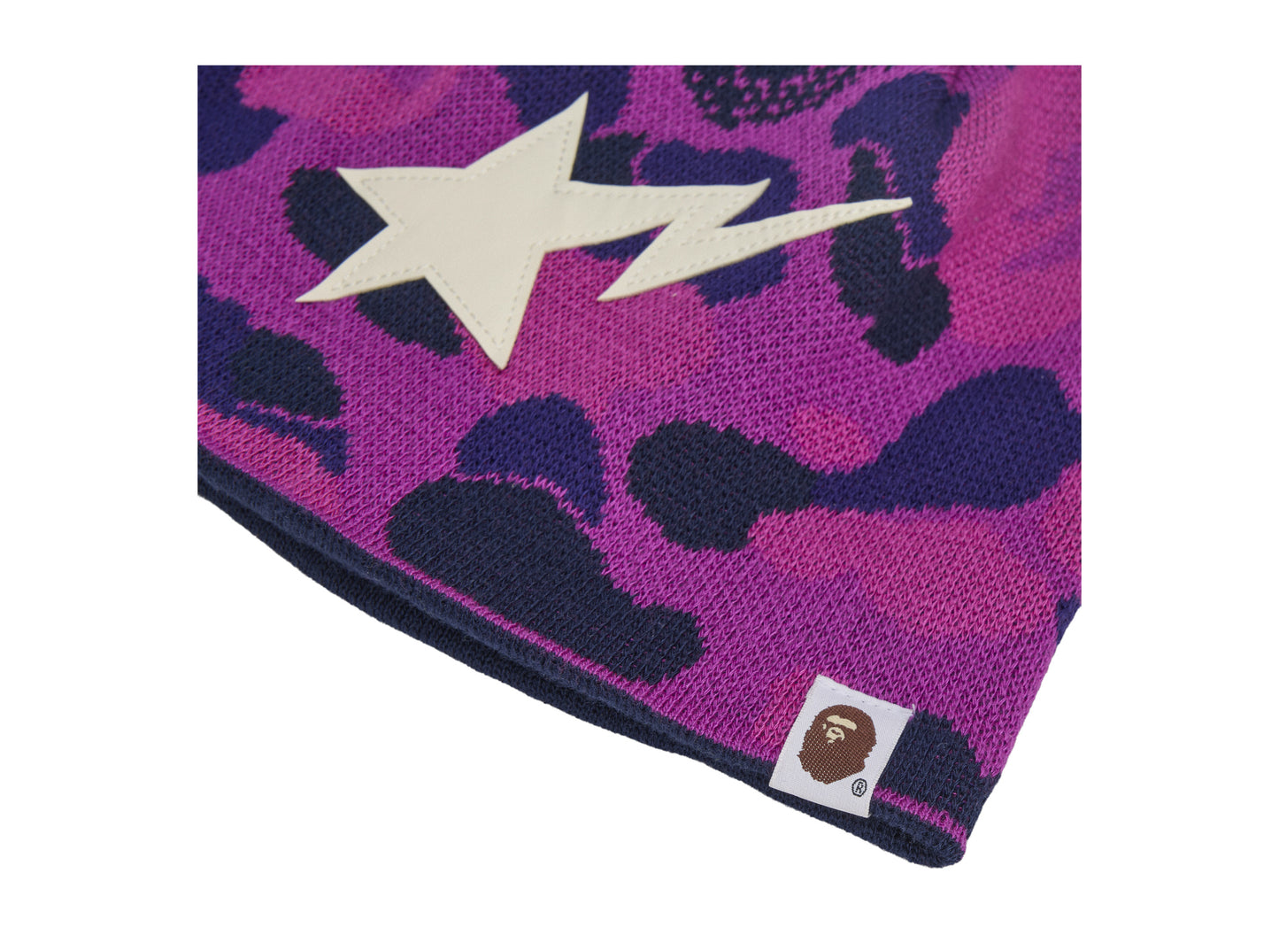 Adidas x BAPE Reversible Beanie in Collegiate Purple — logo detail view