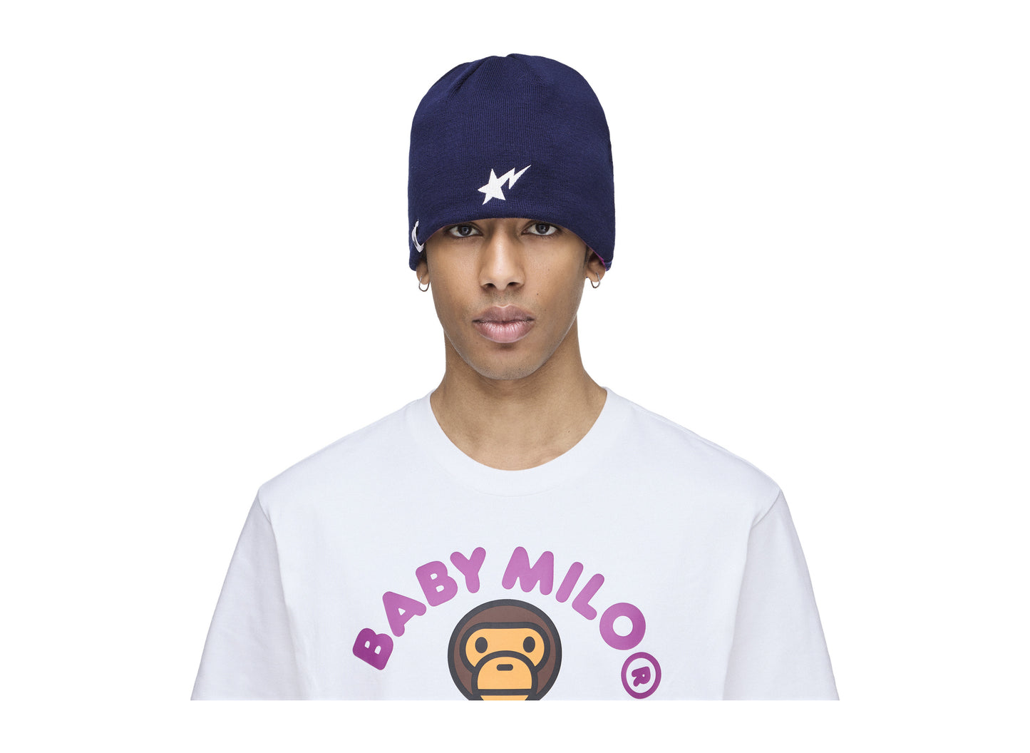 Adidas x BAPE Reversible Beanie in Collegiate Purple — on model reverse view