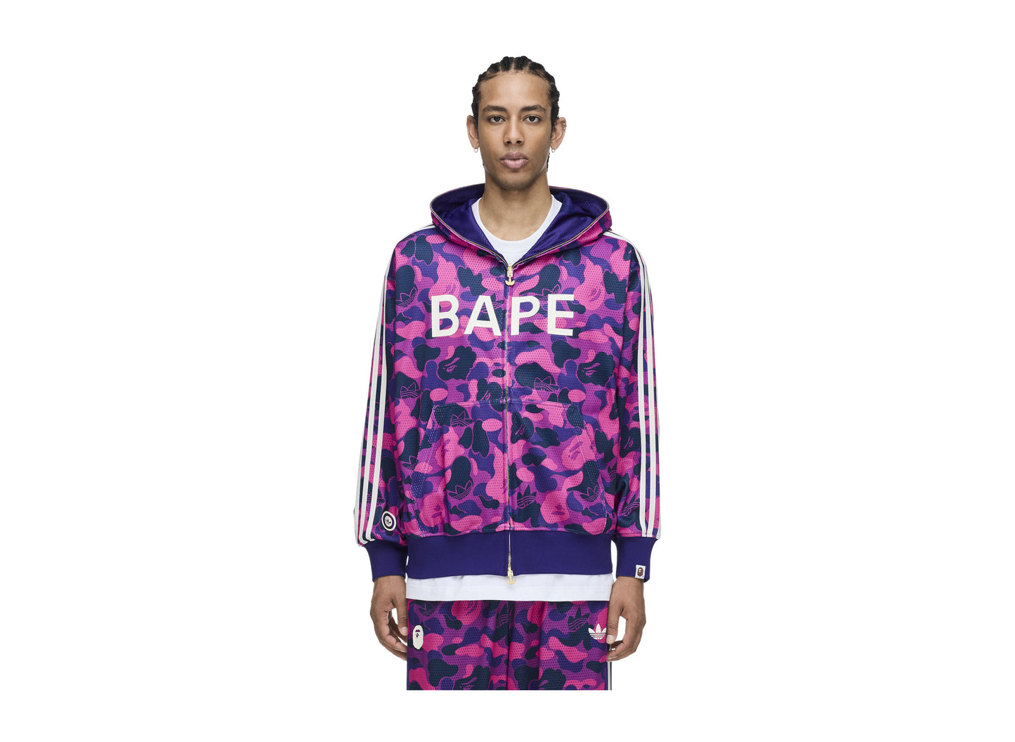 Adidas x BAPE Reversible Shark Hoodie in Collegiate Purple — on model front