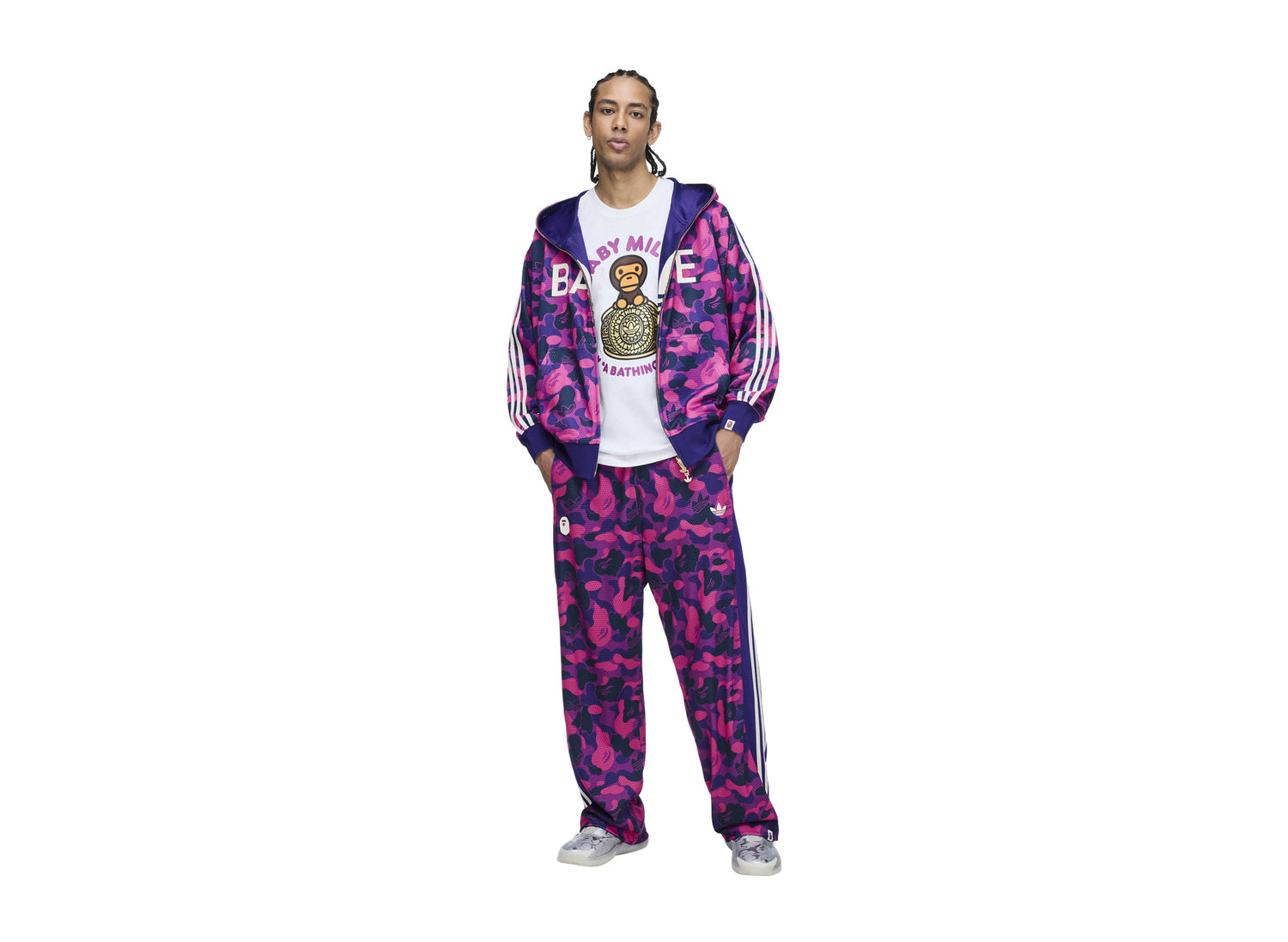 Adidas x BAPE Reversible Shark Hoodie in Collegiate Purple — on model open