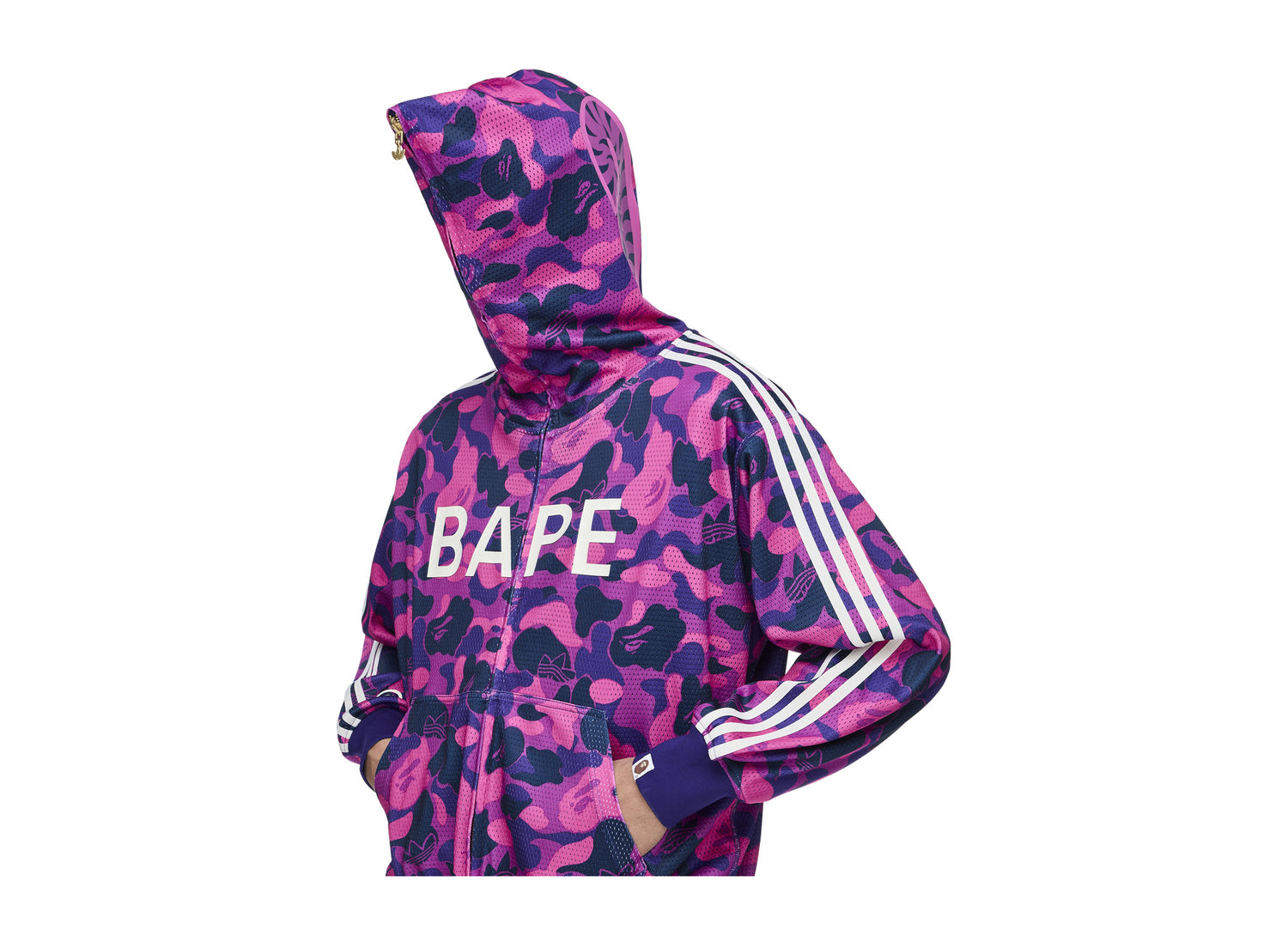 Adidas x BAPE Reversible Shark Hoodie in Collegiate Purple — hood detail