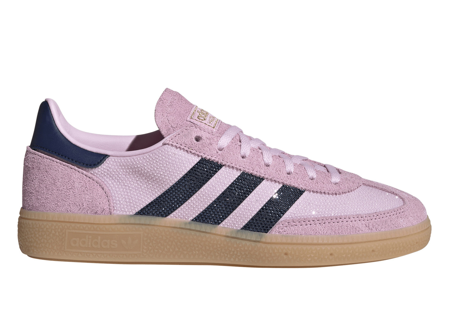 Women's Adidas Handball Spezial Rhinestone in Orchid Fusion / Dark Blue / Gold Metallic, right facing side