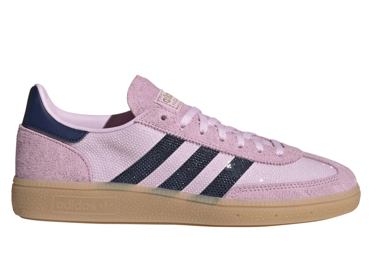 Women's Adidas Handball Spezial Rhinestone in Orchid Fusion / Dark Blue / Gold Metallic, right facing side