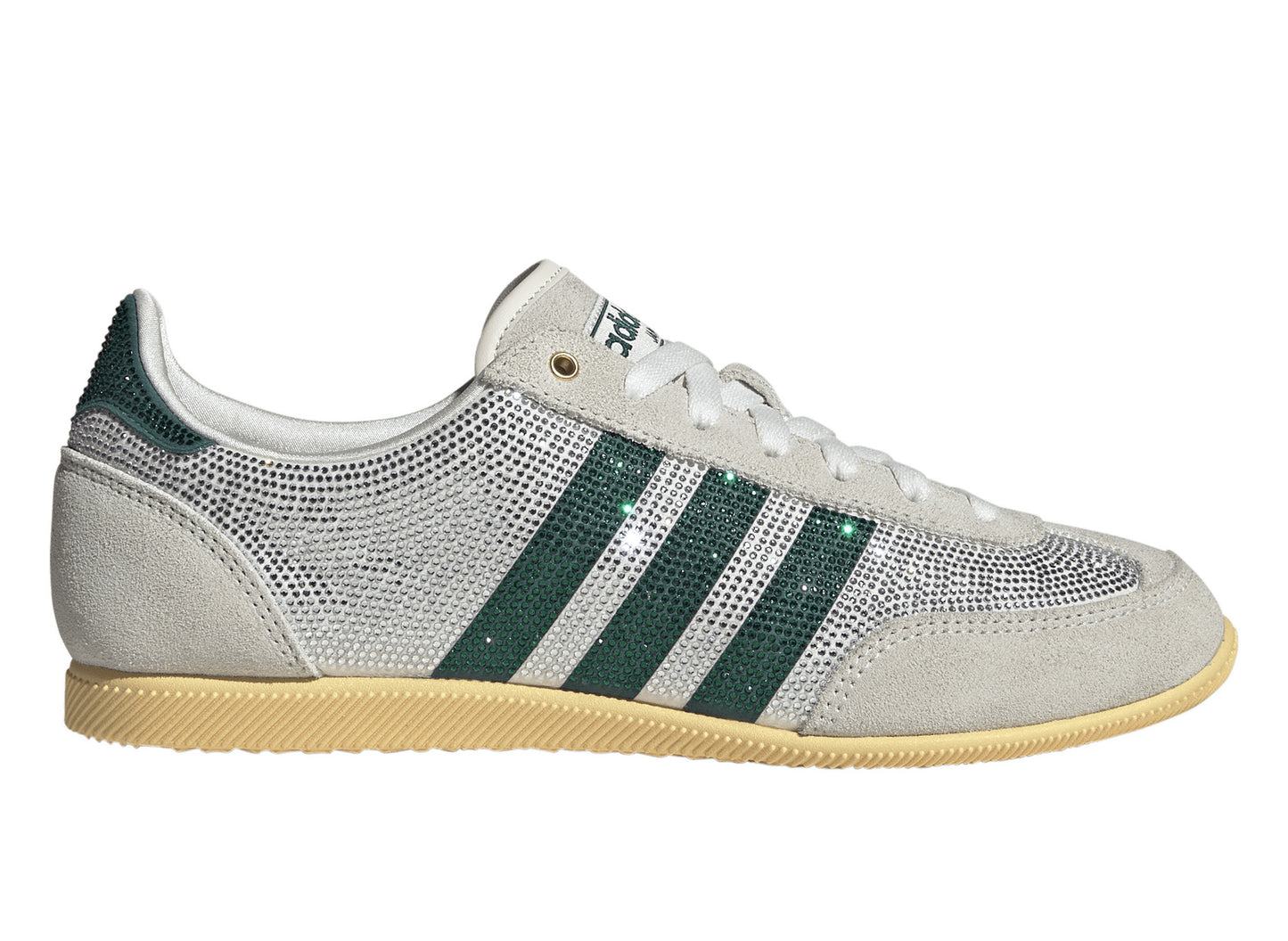 Women's Adidas Japan Rhinestone in Core White / Rich Green / Orange Tint, right facing side