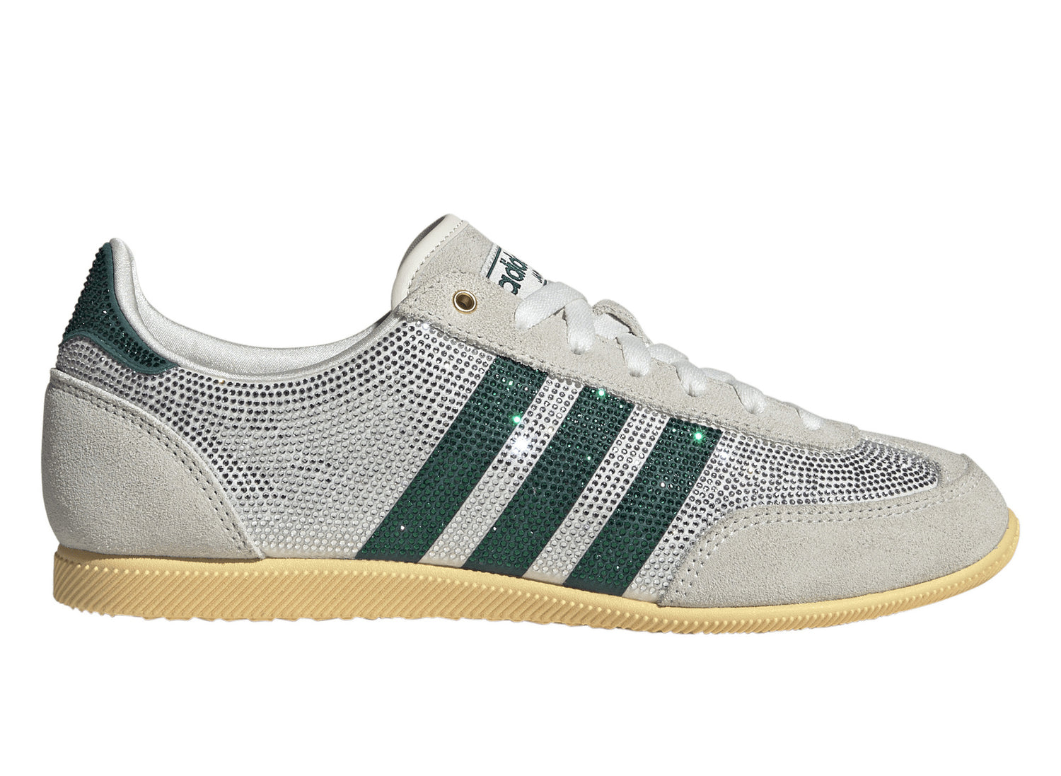 Women's Adidas Japan Rhinestone in Core White / Rich Green / Orange Tint, right facing side