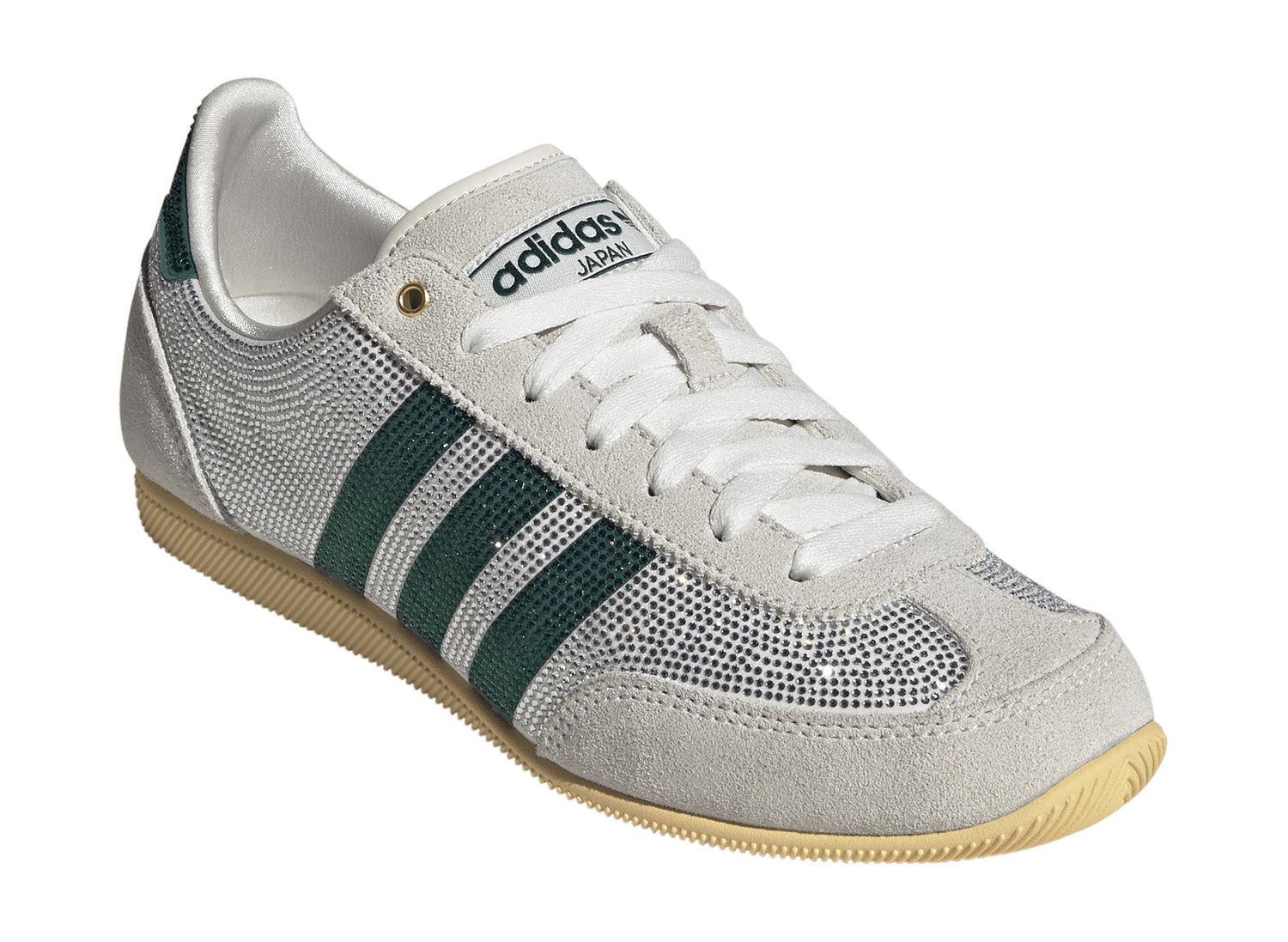 Women's Adidas Japan Rhinestone in Core White / Rich Green / Orange Tint, front lateral top