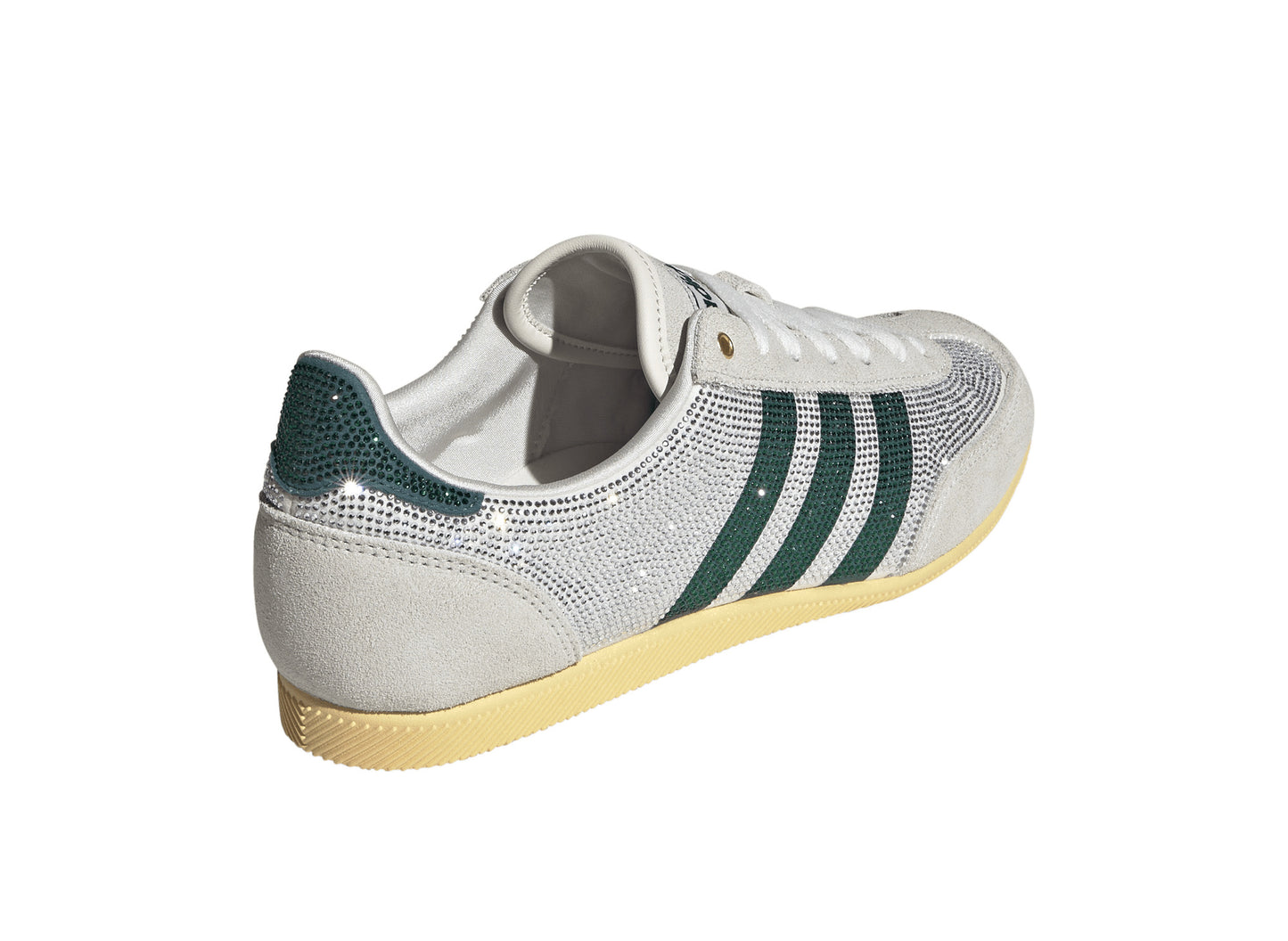 Women's Adidas Japan Rhinestone in Core White / Rich Green / Orange Tint, rear