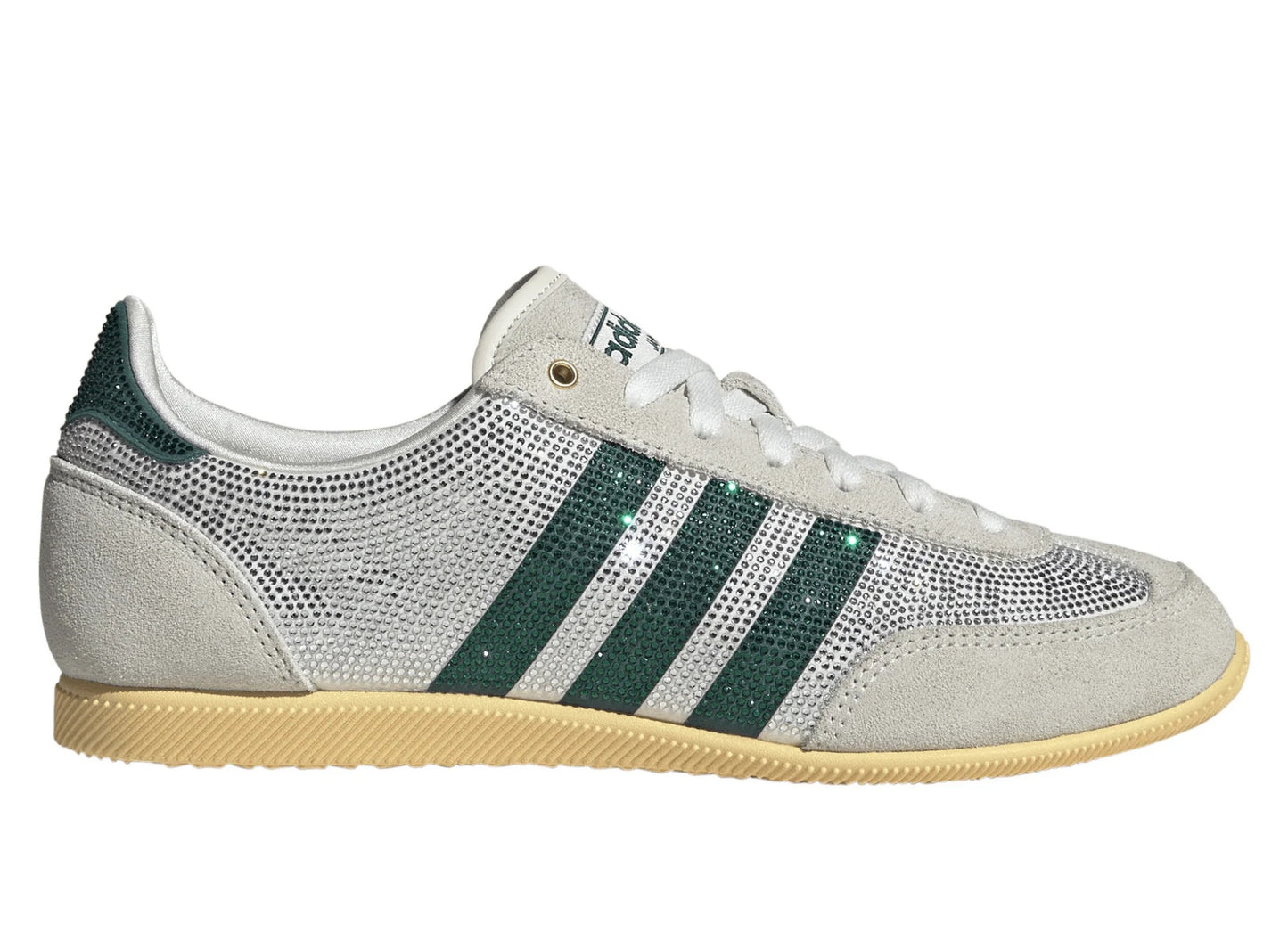 Women's Adidas Japan Rhinestone in Core White / Rich Green / Orange Tint, right facing side