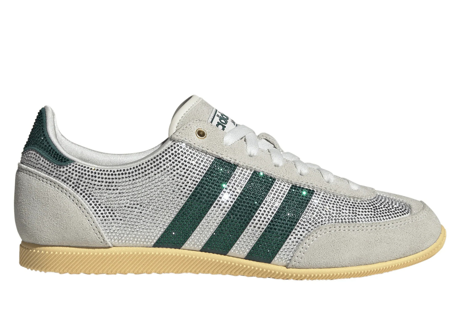 Women's Adidas Japan Rhinestone in Core White / Rich Green / Orange Tint, right facing side