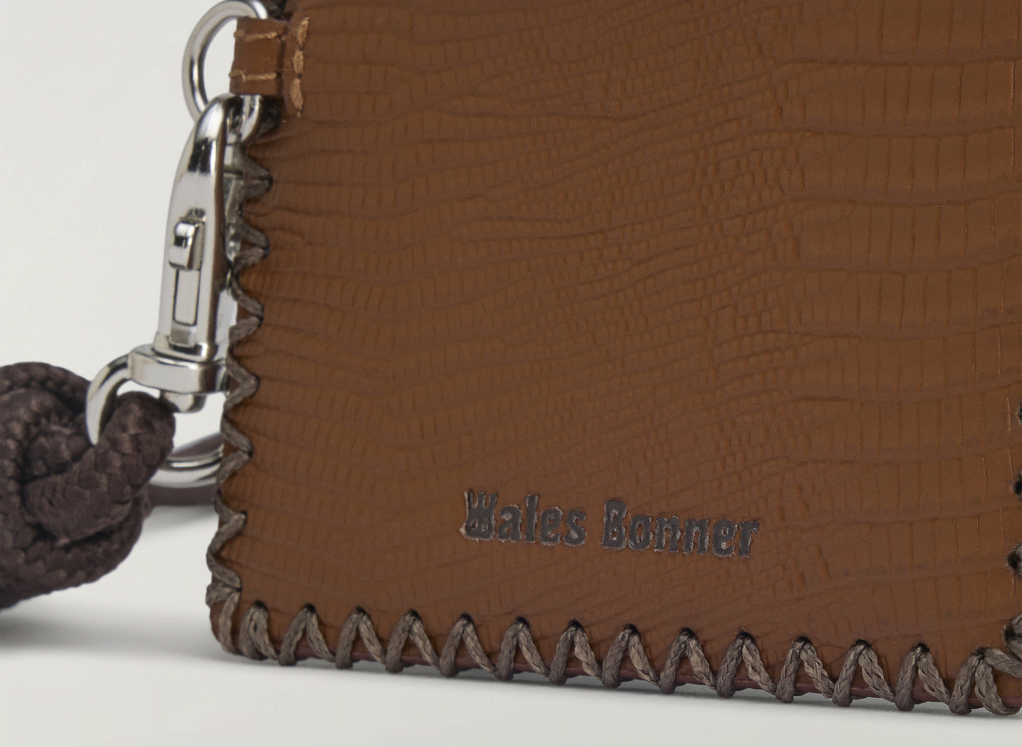 Adidas x Wales Bonner leather lanyard cardholder in Dark Brown and Craft Ochre – Wales Bonner stitching detail
