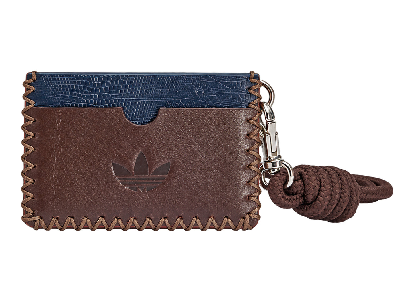 Adidas x Wales Bonner leather lanyard cardholder in Dark Brown and Craft Ochre – front with attached cord