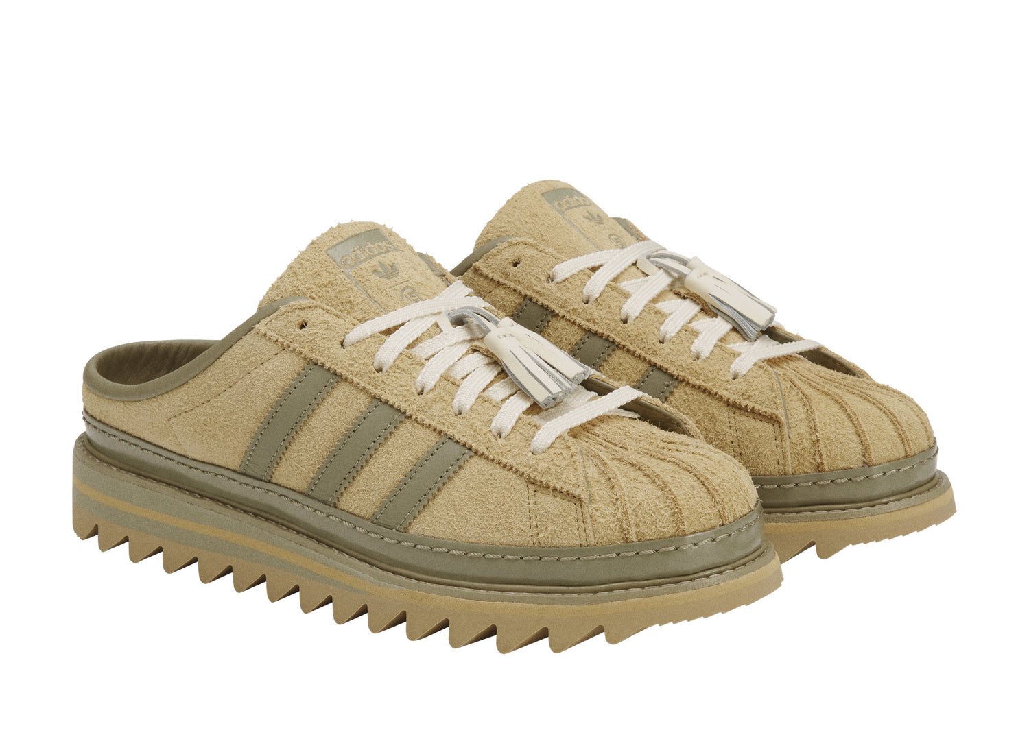 Adidas x CLOT Sawtooth Mule by Edison Chen in Cardboard / Wonder White — front angle