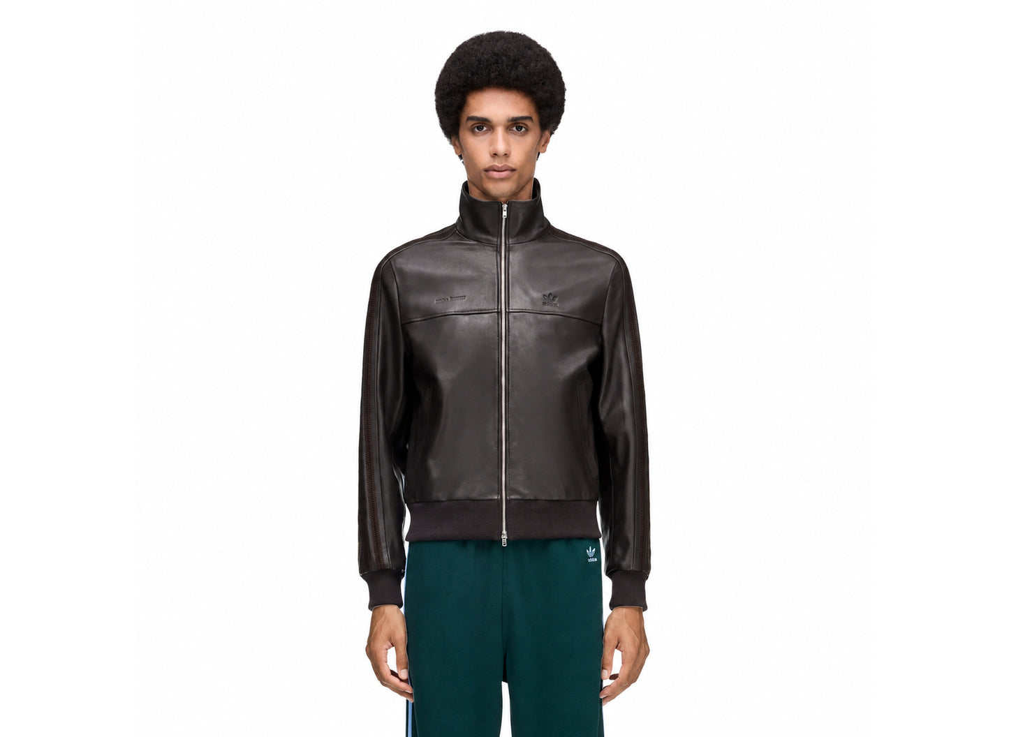 Adidas x Wales Bonner Football Leather Jacket in Night Brown — model front view