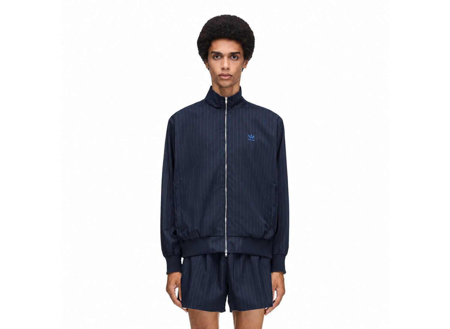Adidas x Wales Bonner Pinstripe Track Jacket in Night Navy — model front view