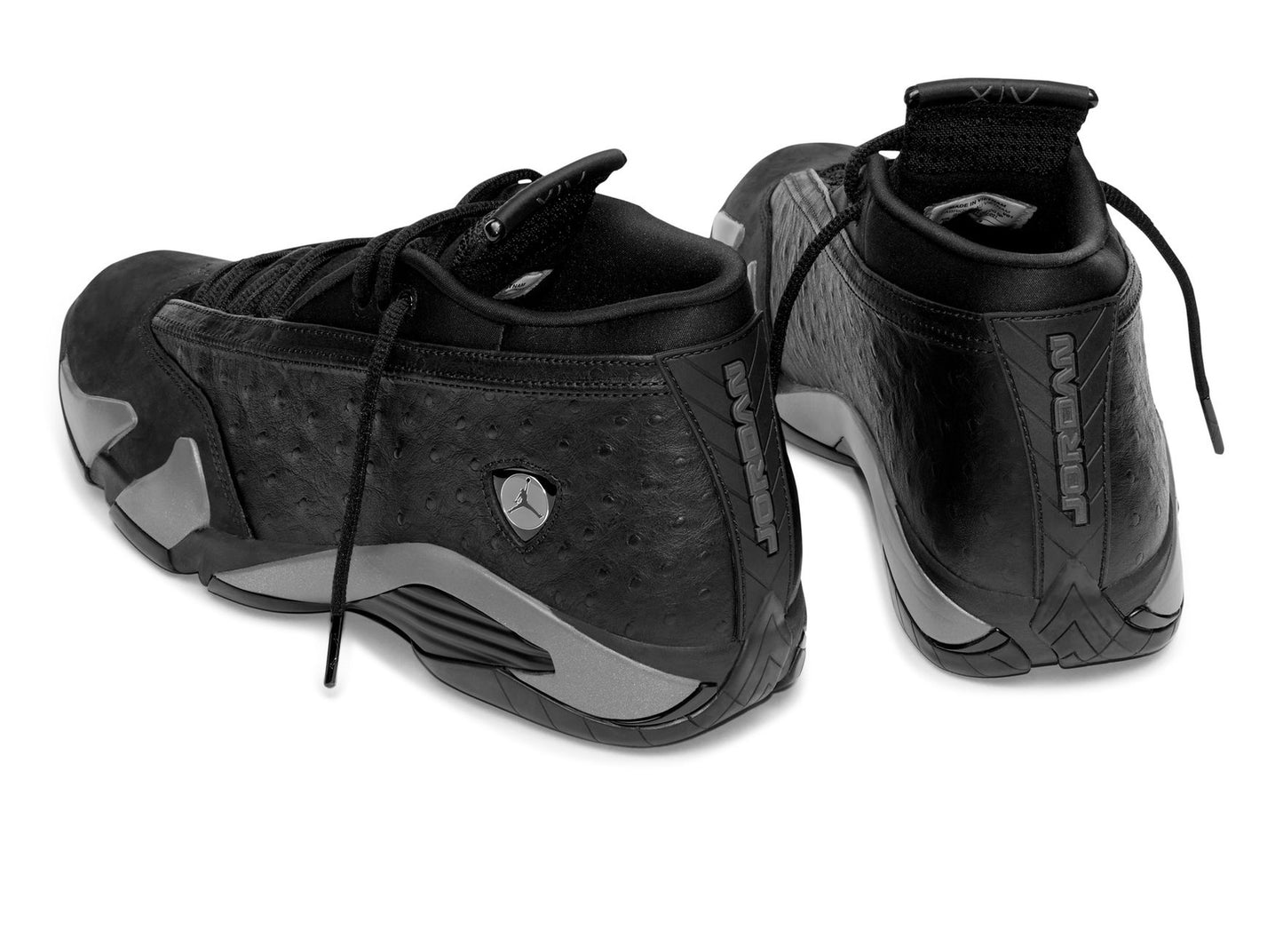 Air Jordan 14 Low OG SP Black Pack in Black / Off Noir — rear angled pair view