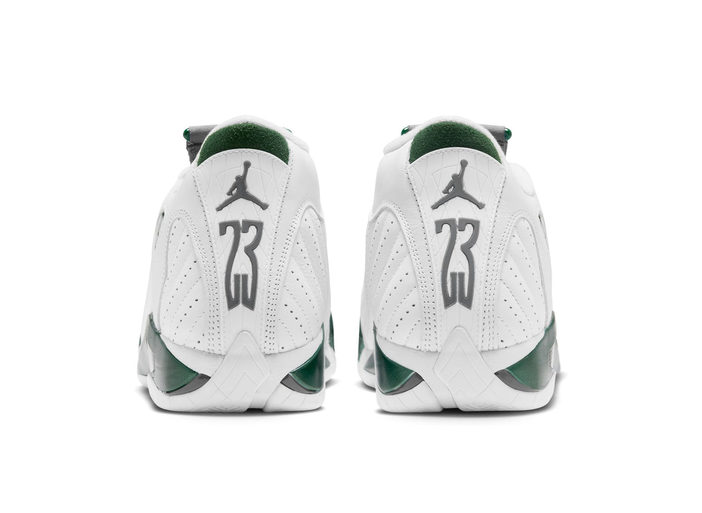 Air Jordan 14 Retro Forest Green in Gorge Green / Light Graphite / White — Rear view of both shoes
