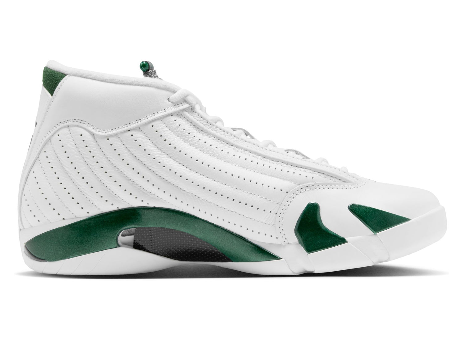 Air Jordan 14 Retro Forest Green in Gorge Green / Light Graphite / White — Medial view, shoe facing right